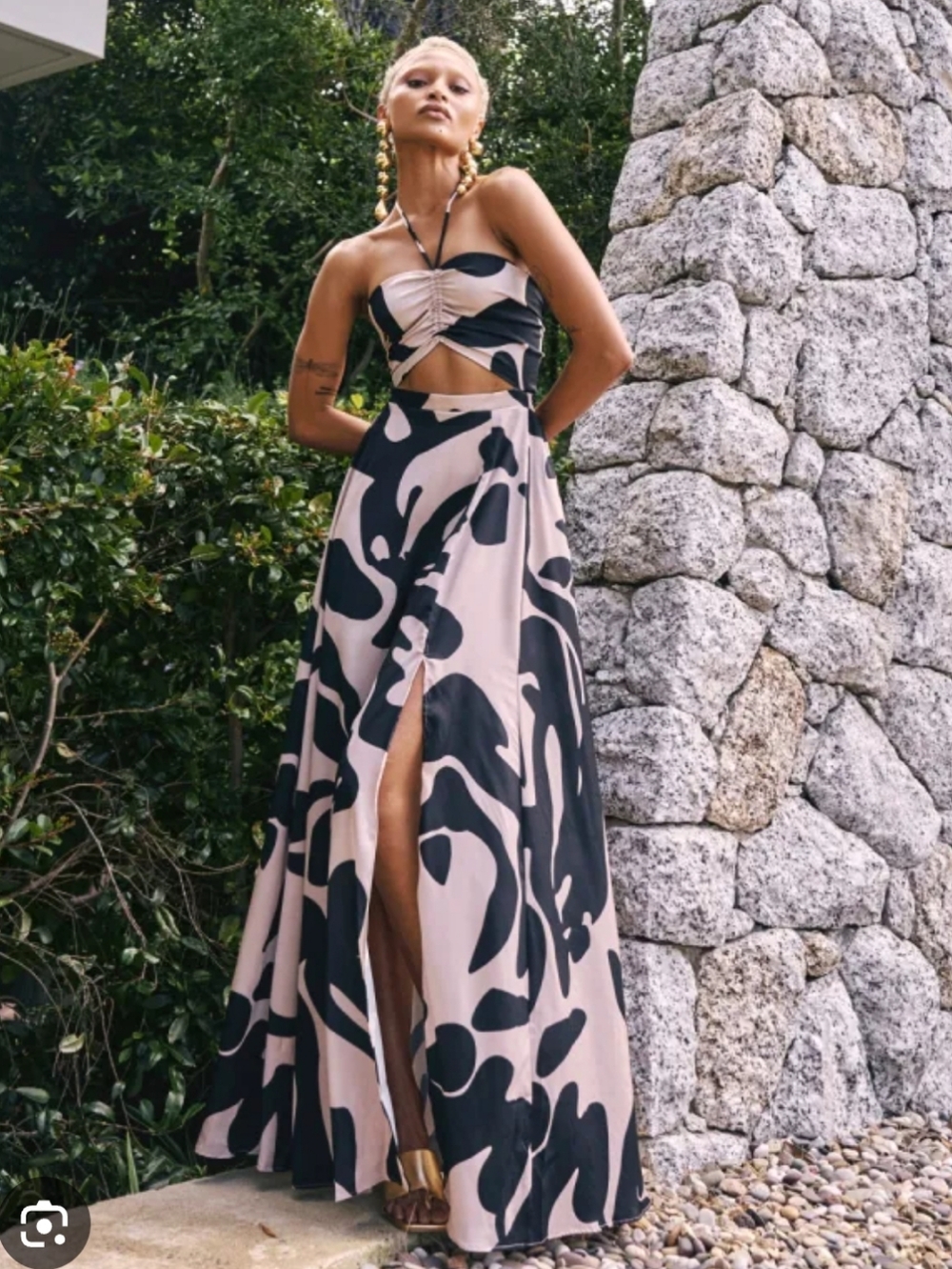 Diarrablu Dalia Black & Beige Geometric Pattern Halter Maxi Dress Size Large